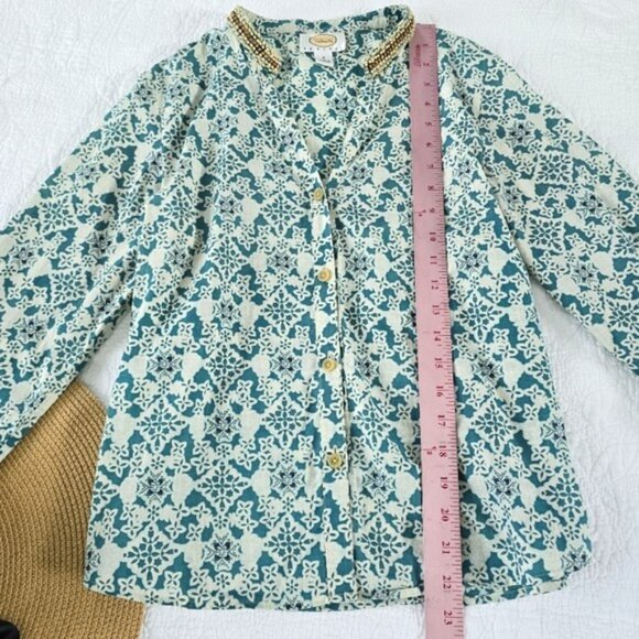 Talbots Women's Blouse Size Small Petite SP Blue Green Tropical Wood Beading - Picture 7 of 15